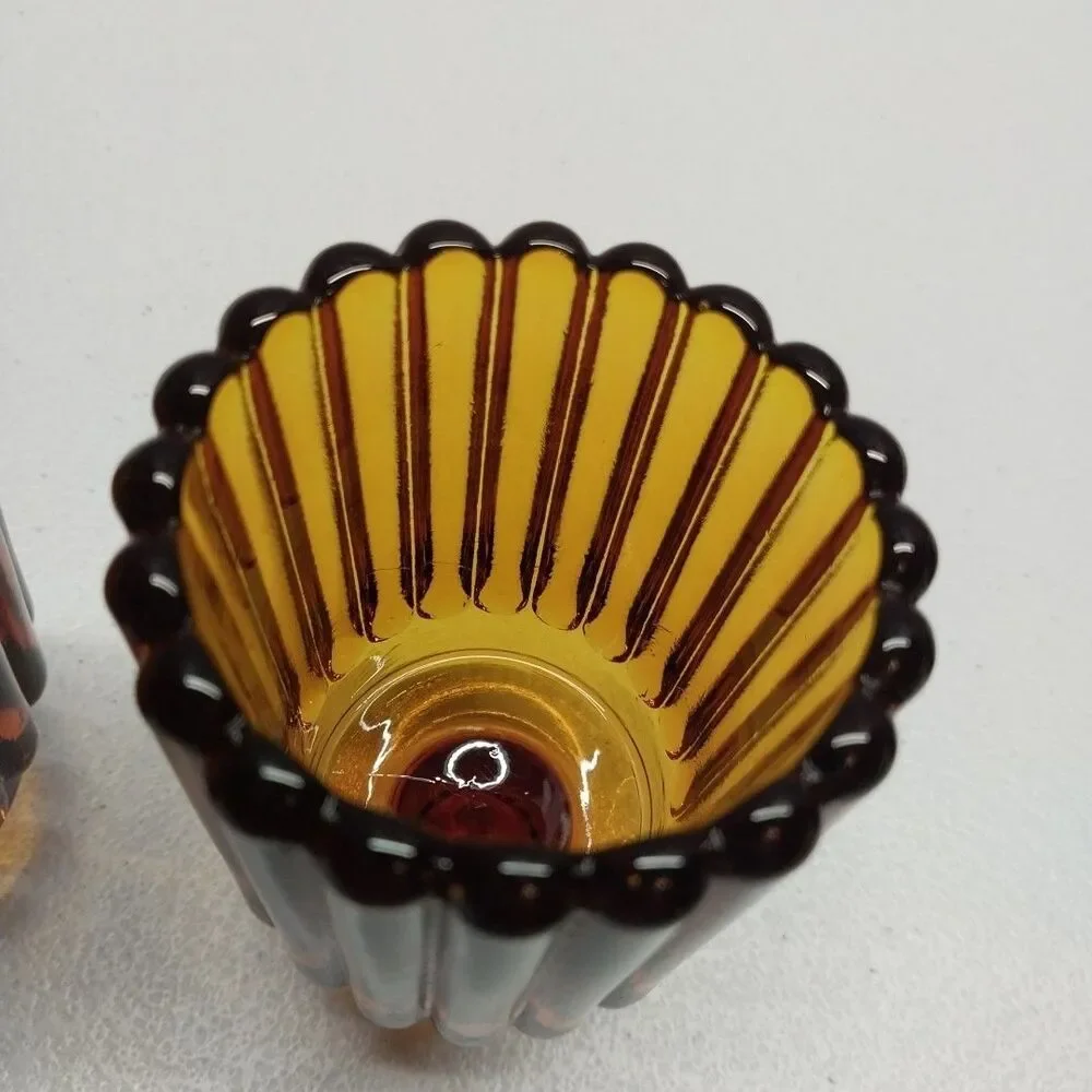 Vintage Dark Amber Ribbed Glass Votive Cup Candle Holders Set Scalloped Rim